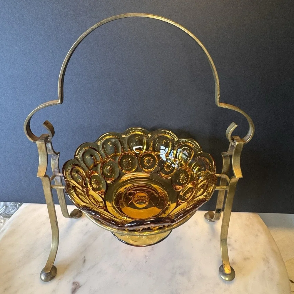 LE Smith Amber Glass Moon & Stars Pedestal / Bowl ~ Brass Arch Holder Stand